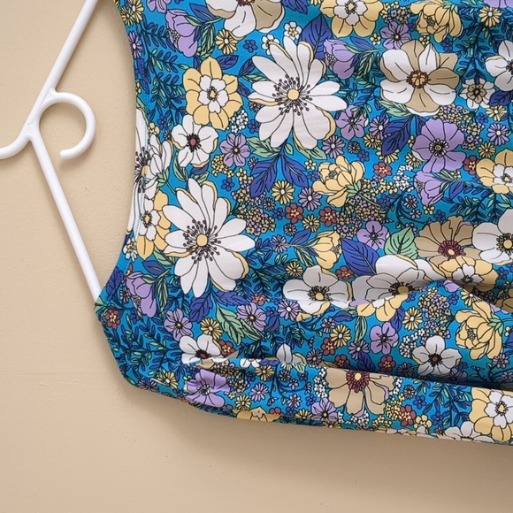 Medium Eclair Floral Flower Top Blue Purple Button Front Shirt - Picture 8 of 13